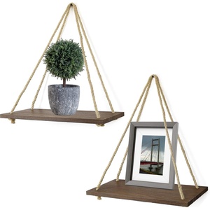 image:imageGreenco Decorative Rustic Jute Rope Wall Hanging Floating Shelves Distressed Wood 3 TierSingle
