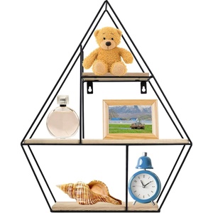 image:imageGreenco Geometric Diamond Gem Shaped Mounted Floating Shelves Home Decor Metal Wire and Rustic Wood Wall Storage Shelves for Bedroom Living Room Bathroom Kitchen Office