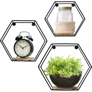 image:imageGreenco Geometric Hexagon Shaped Floating Shelves Honeycomb Shelves Home Decor Metal Wire and Rustic Wood Wall Storage Shelves for Bedroom Living Room Bathroom Kitchen and Office  Set of 3