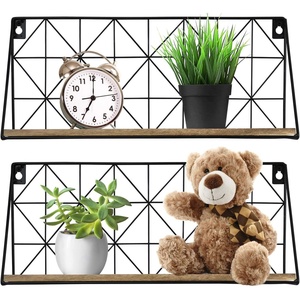 image:imageGreenco Geometric Mounted Floating Home Decor Metal Wire and Rustic Wood Wall Storage Shelves for Bedroom Living Room Bathroom Kitchen Office and More  Set of 2set of 2