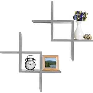 image:imageGreenco Set of 2 Criss Cross Intersecting Wall Mounted Floating Shelves Natural FinishGrey